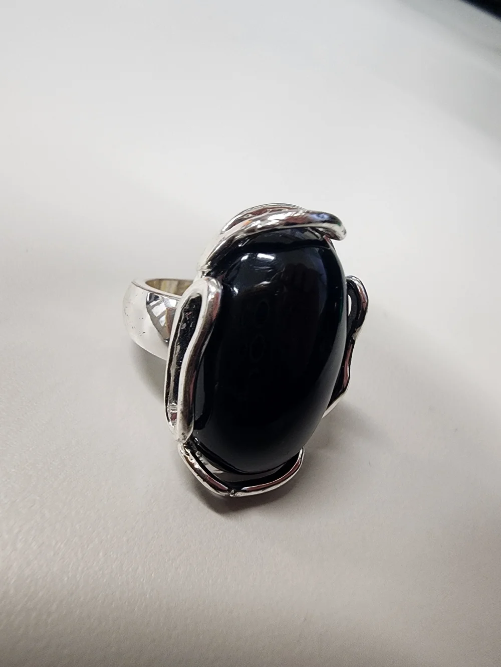 Large Oval Black Acrylic Resin Statement Ring Silver-Tone Wide Metal Band Sz 6.5